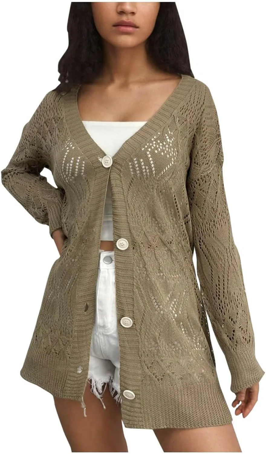 Chunky Knit Cardigans for Women Hollow Out Cardigan Sweater Women's Knitted Solid Color V-Neck Long Sleeve Coat
