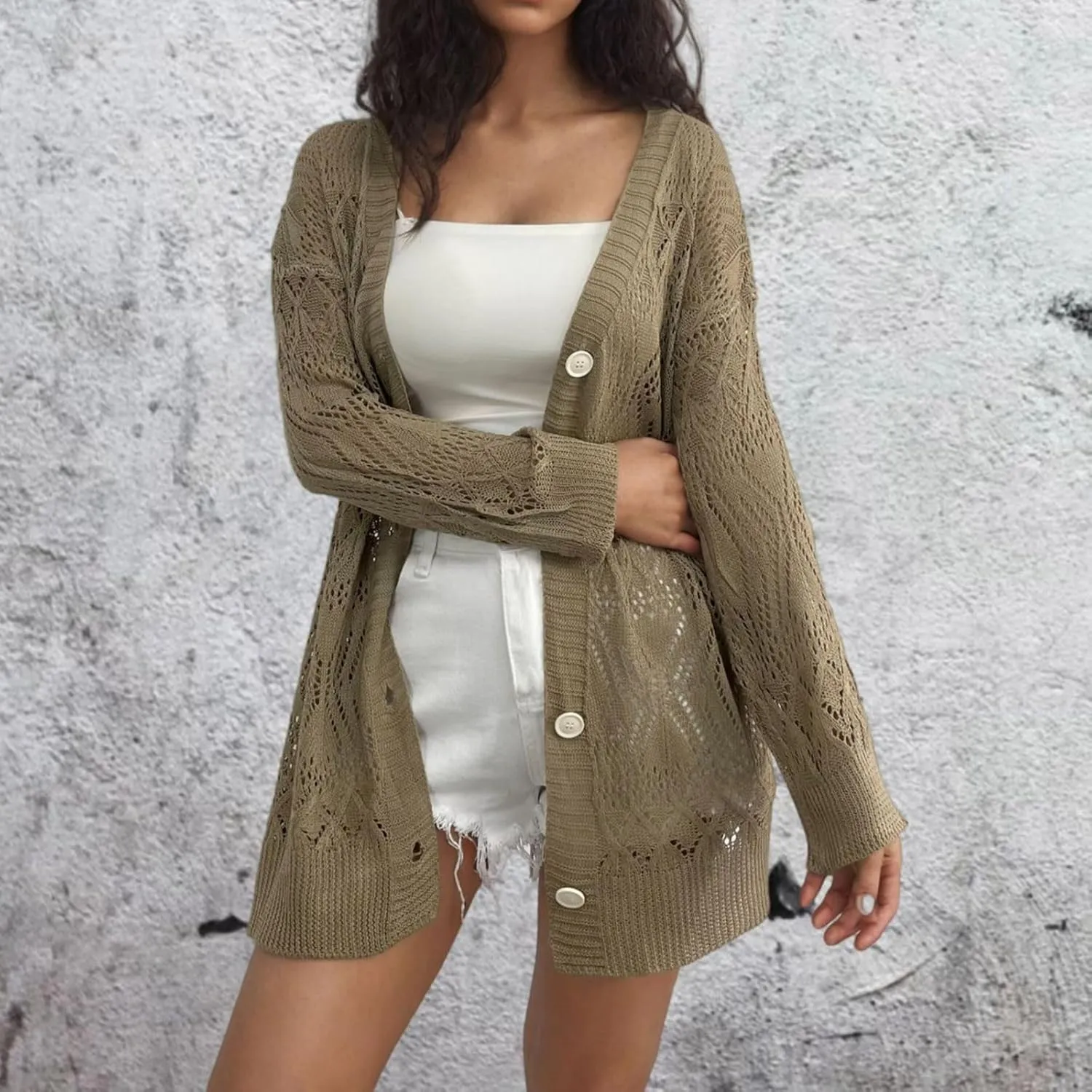Chunky Knit Cardigans for Women Hollow Out Cardigan Sweater Women's Knitted Solid Color V-Neck Long Sleeve Coat