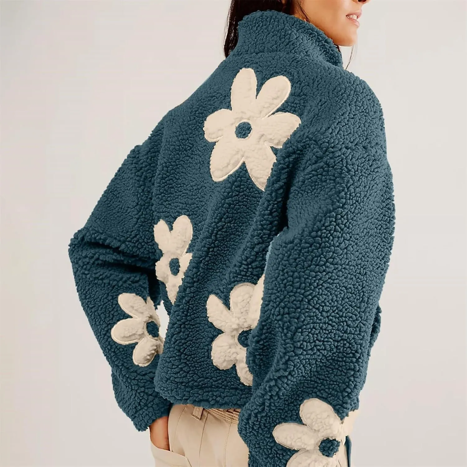 Contrast Color Flower Cardigan Loose Lazy Lamb Wool Casual Coat Women Long Women Coat Wool