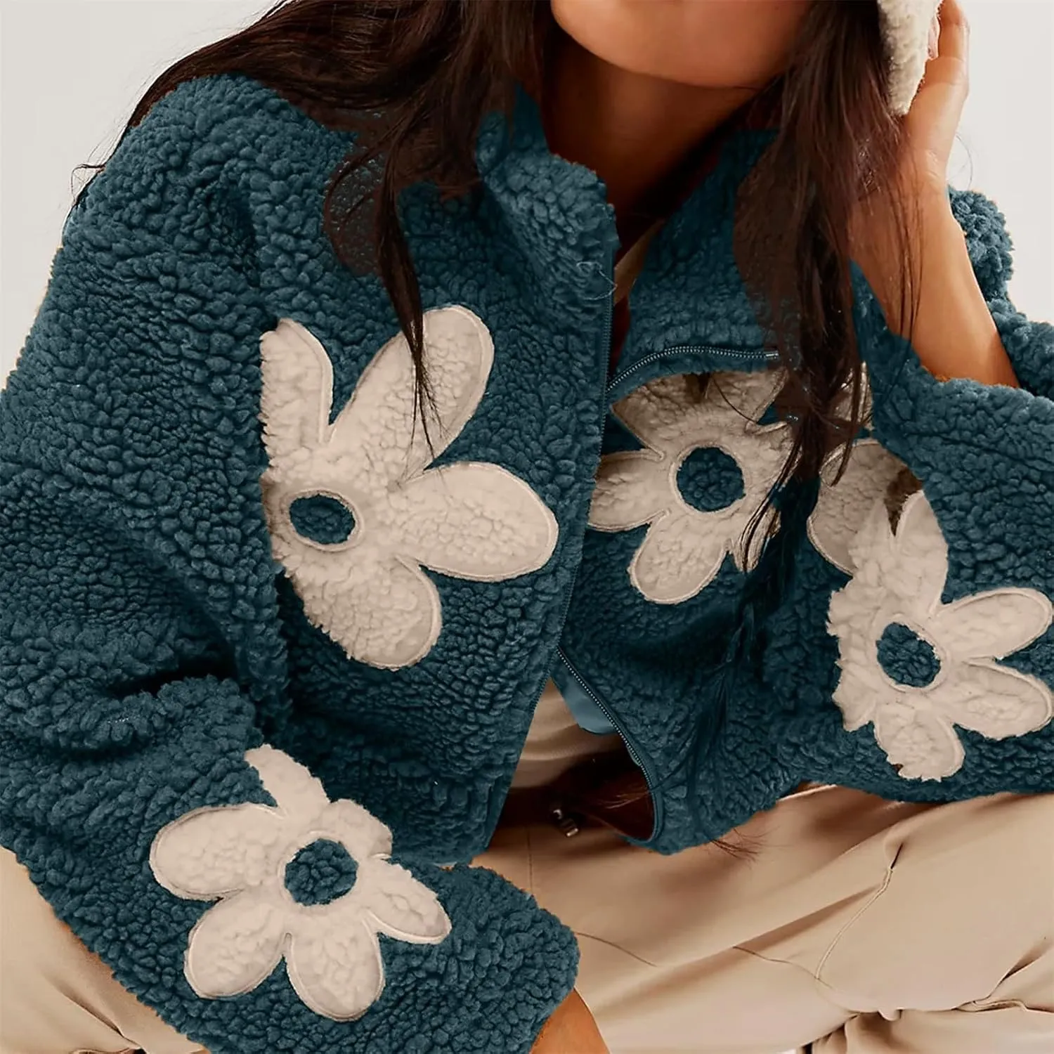 Contrast Color Flower Cardigan Loose Lazy Lamb Wool Casual Coat Women Long Women Coat Wool
