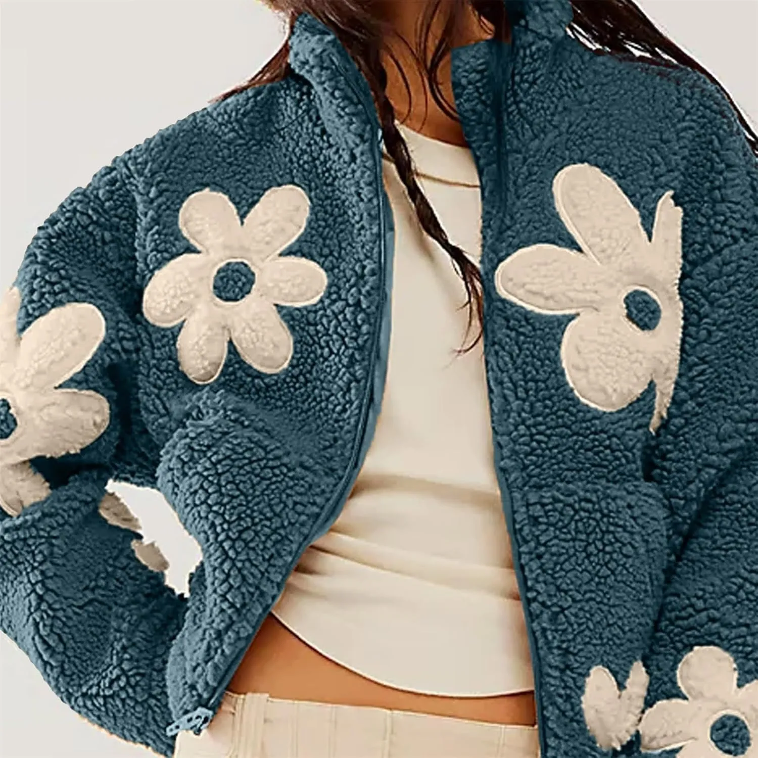 Contrast Color Flower Cardigan Loose Lazy Lamb Wool Casual Coat Women Long Women Coat Wool