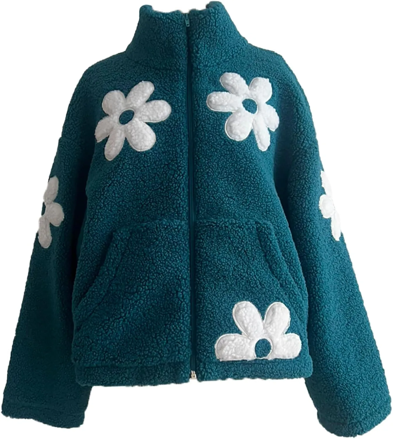 Contrast Color Flower Cardigan Loose Lazy Lamb Wool Casual Coat Women Long Women Coat Wool