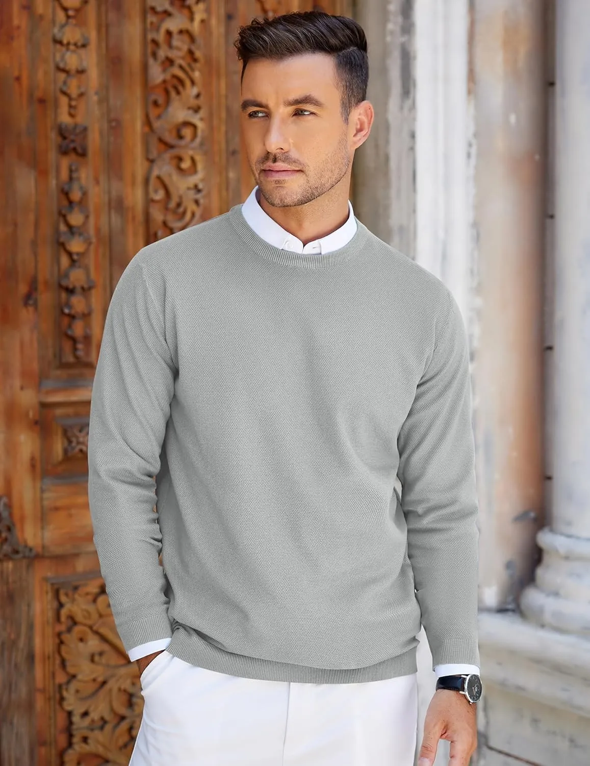 COOFANDY Mens Crew Neck Sweaters Long Sleeve Lightweight Knit Dress Pullover Sweaters