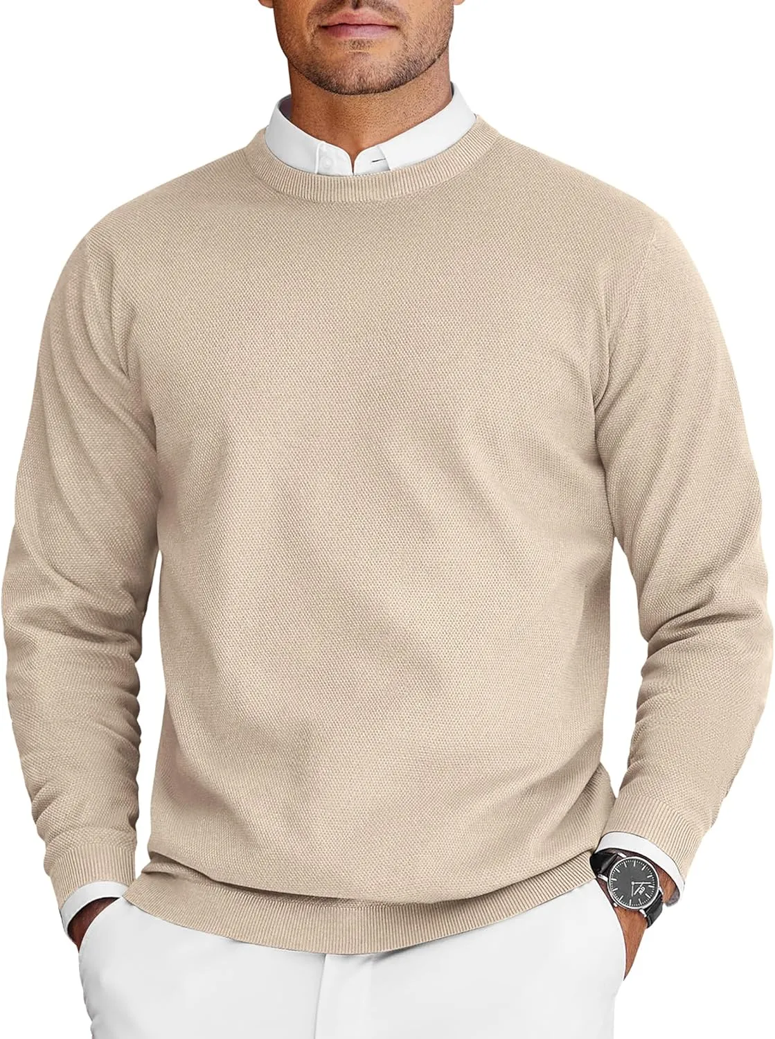 COOFANDY Mens Crew Neck Sweaters Long Sleeve Lightweight Knit Dress Pullover Sweaters