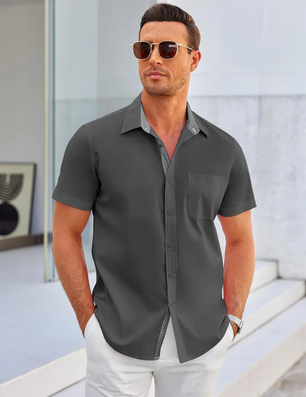 COOFANDY Men's Dress Shirt Wrinkle Free Regular Fit Stretch Short Sleeve Button Down Shirts