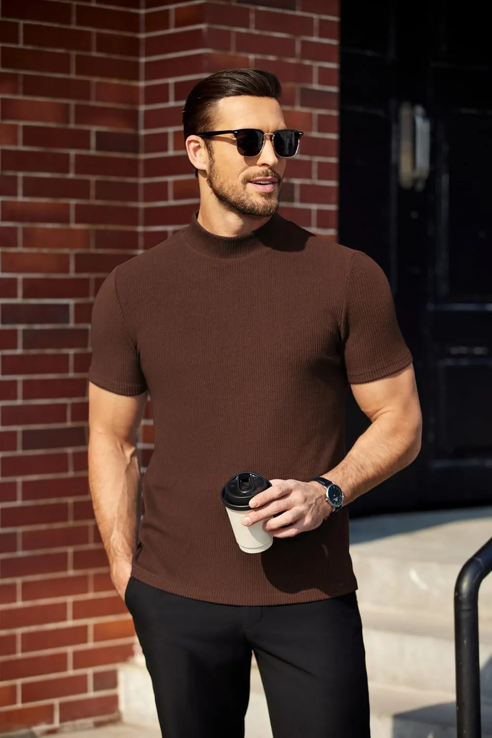 COOFANDY Mens Mock Turtleneck Sweater Short Sleeve Turtle Neck Sweaters Casual Ribbed Knited Pullover Tops Solid Basic Tee