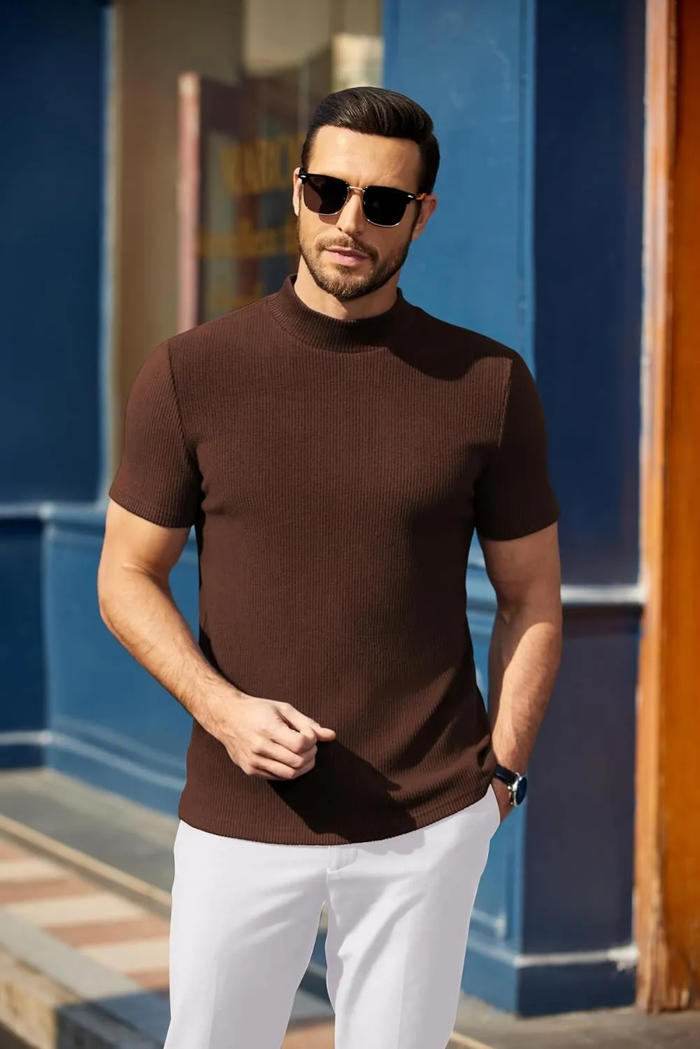 COOFANDY Mens Mock Turtleneck Sweater Short Sleeve Turtle Neck Sweaters Casual Ribbed Knited Pullover Tops Solid Basic Tee