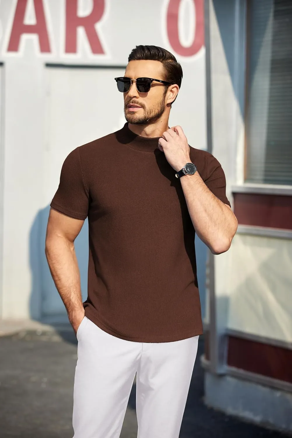 COOFANDY Mens Mock Turtleneck Sweater Short Sleeve Turtle Neck Sweaters Casual Ribbed Knited Pullover Tops Solid Basic Tee