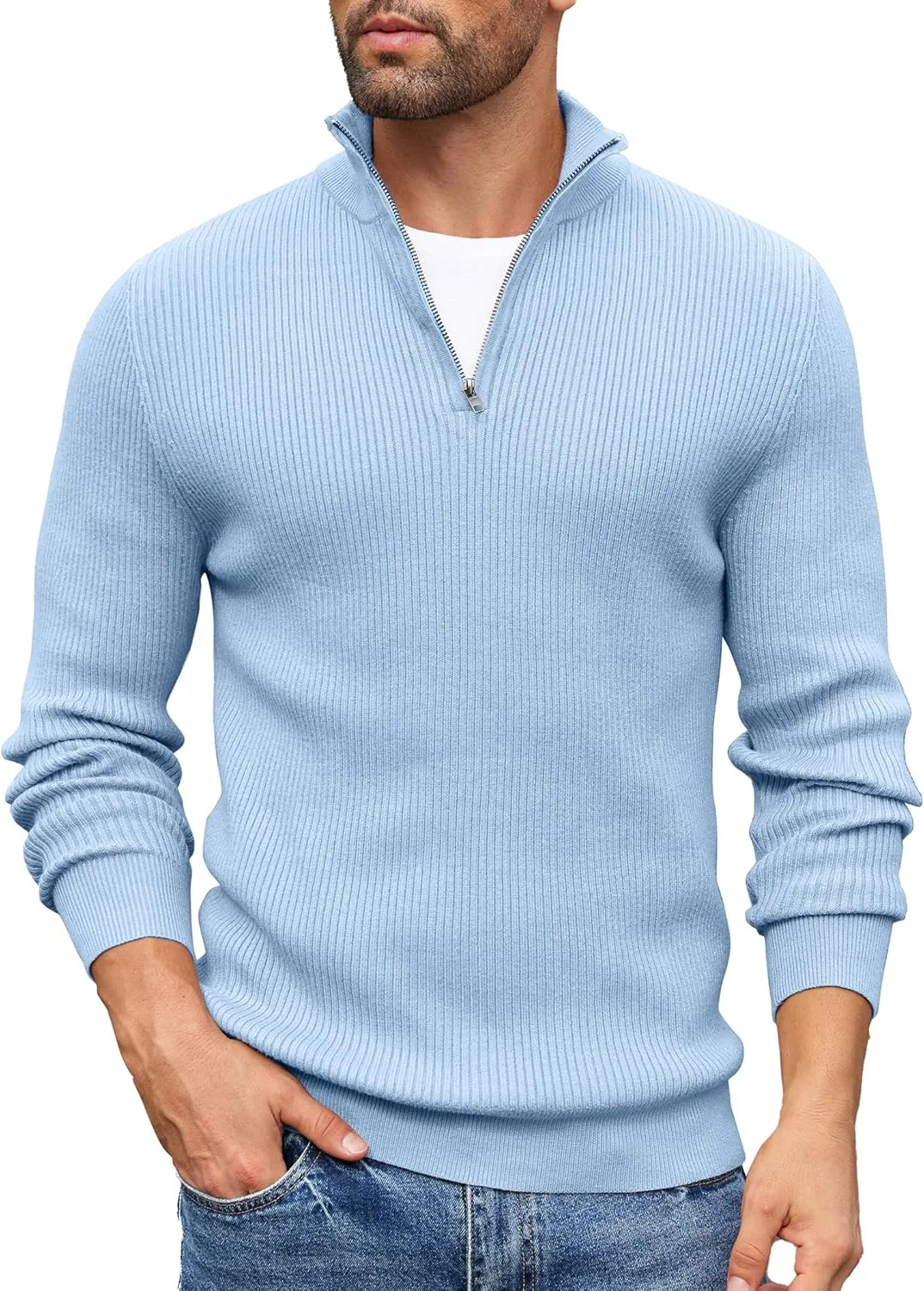COOFANDY Men's Quarter Zip Sweaters Slim Fit Mock Neck Pullover Sweater Lightweight Knitted Polo Sweaters