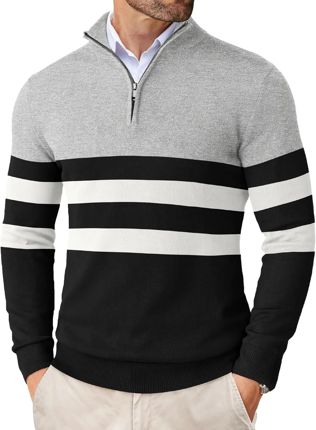 COOFANDY Men's Quarter Zip Up Sweaters Slim Fit Lightweight Mock Neck Pullover Casual Polo Sweaters