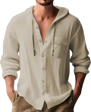 Cotton Linen Shirts for Men Drawstring Button Long Sleeve Tops with Hood Casual Breathable Summer Beach Hoodies
