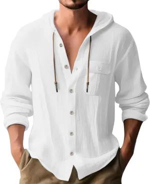 Cotton Linen Shirts for Men Drawstring Button Long Sleeve Tops with Hood Casual Breathable Summer Beach Hoodies