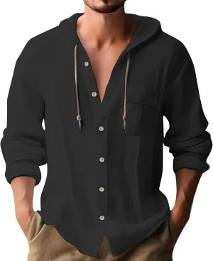 Cotton Linen Shirts for Men Drawstring Button Long Sleeve Tops with Hood Casual Breathable Summer Beach Hoodies