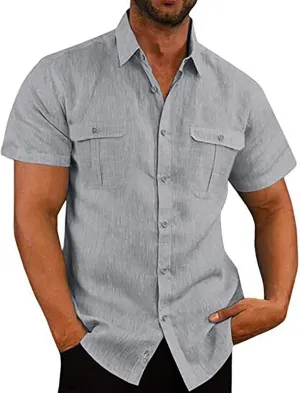 Cotton Linen Shirts for Men Short Sleeve Mens Linen Shirt Textured Casual Button Down Shirts Casual Summer Beach Shirts Top