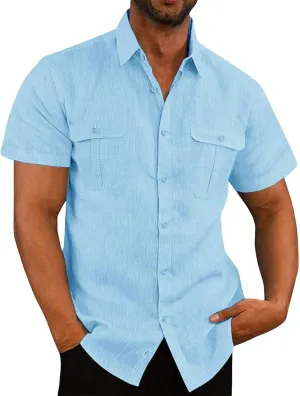 Cotton Linen Shirts for Men Short Sleeve Mens Linen Shirt Textured Casual Button Down Shirts Casual Summer Beach Shirts Top