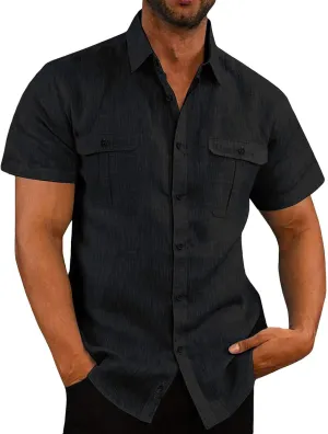 Cotton Linen Shirts for Men Short Sleeve Mens Linen Shirt Textured Casual Button Down Shirts Casual Summer Beach Shirts Top