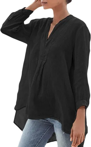 Cotton Linen Shirts for Women High Low V Neck Long Sleeve Tunic Top Plus Size Loose Comfy Beach Blouse Tees Tunics