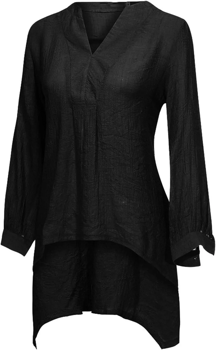 Cotton Linen Shirts for Women High Low V Neck Long Sleeve Tunic Top Plus Size Loose Comfy Beach Blouse Tees Tunics