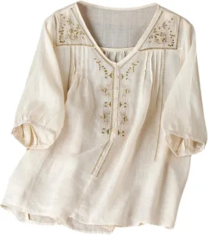 Cotton Linen Tops for Women Summer V Neck Tshirts 3/4 Sleeves Boho Embroidery Dressy Blouse 2025 Causal Loose Tunics
