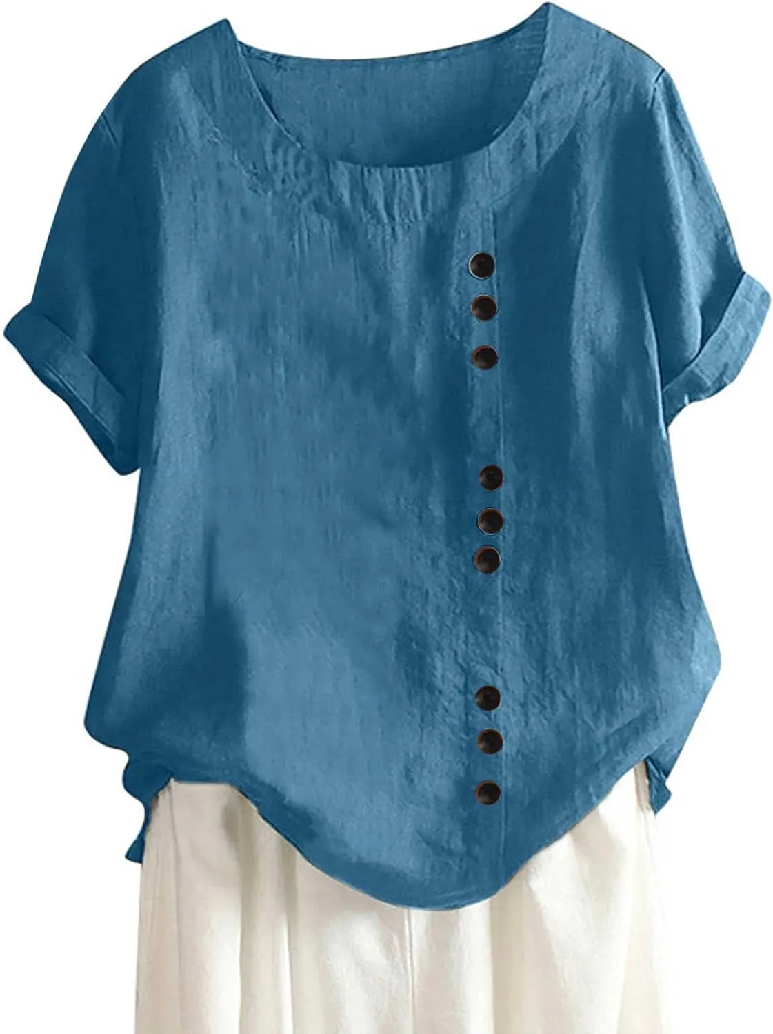 Cotton T Shirts Women Short Sleeve Crewneck Button Down Cotton Linen Blouses Causal Dressy Summer Beach Tops Pullover