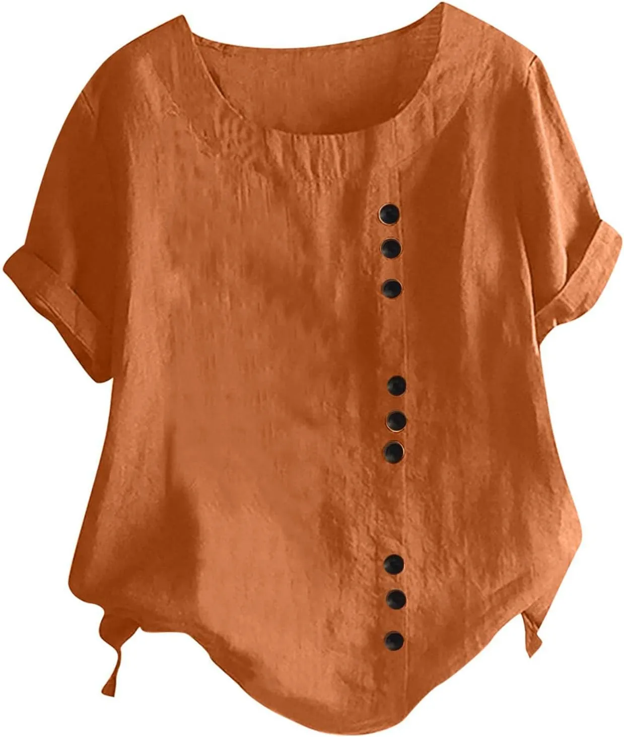 Cotton T Shirts Women Short Sleeve Crewneck Button Down Cotton Linen Blouses Causal Dressy Summer Beach Tops Pullover