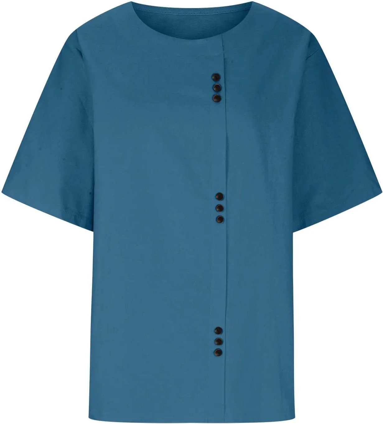 Cotton T Shirts Women Short Sleeve Crewneck Button Down Cotton Linen Blouses Causal Dressy Summer Beach Tops Pullover