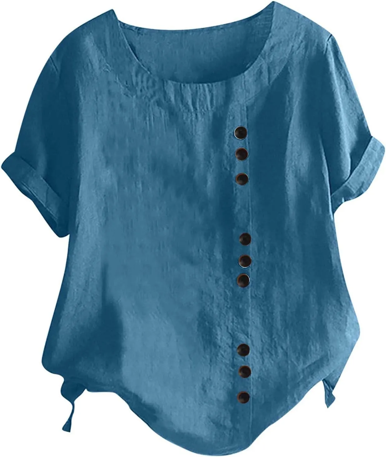 Cotton T Shirts Women Short Sleeve Crewneck Button Down Cotton Linen Blouses Causal Dressy Summer Beach Tops Pullover