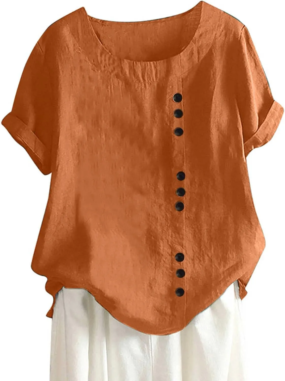 Cotton T Shirts Women Short Sleeve Crewneck Button Down Cotton Linen Blouses Causal Dressy Summer Beach Tops Pullover