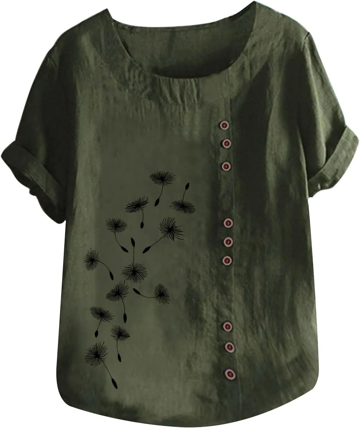 Cotton Tops for Women Loose Fit Dandelion Print Graphic Tee Shirts Casual Short Sleeve Crewneck Cotton Linen Blouses