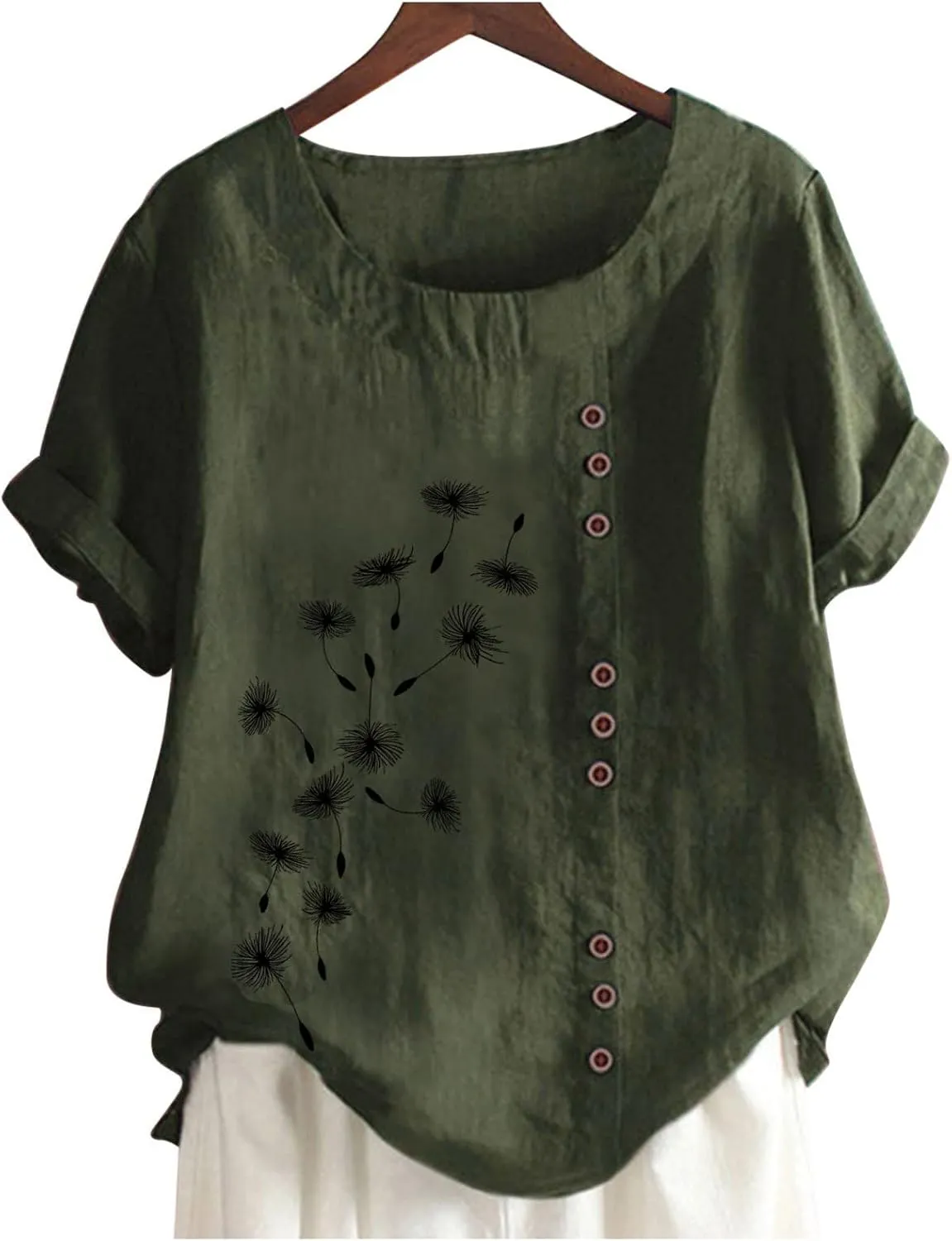 Cotton Tops for Women Loose Fit Dandelion Print Graphic Tee Shirts Casual Short Sleeve Crewneck Cotton Linen Blouses