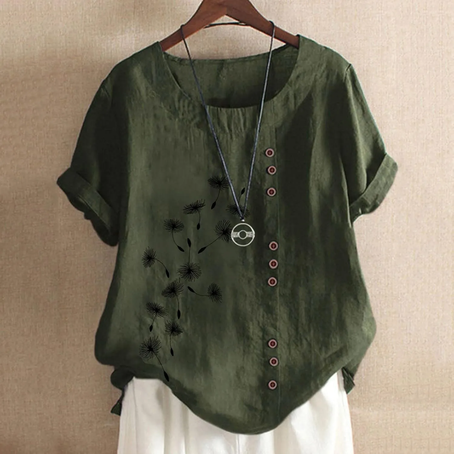 Cotton Tops for Women Loose Fit Dandelion Print Graphic Tee Shirts Casual Short Sleeve Crewneck Cotton Linen Blouses