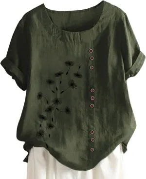 Cotton Tops for Women Loose Fit Dandelion Print Graphic Tee Shirts Casual Short Sleeve Crewneck Cotton Linen Blouses