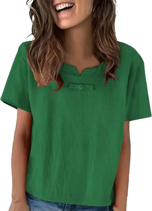 Cotton Tshirts for Women Crewneck Decoration Short Sleeve Tunic Top Lightweight Breathable Summer Street Outfits 2025