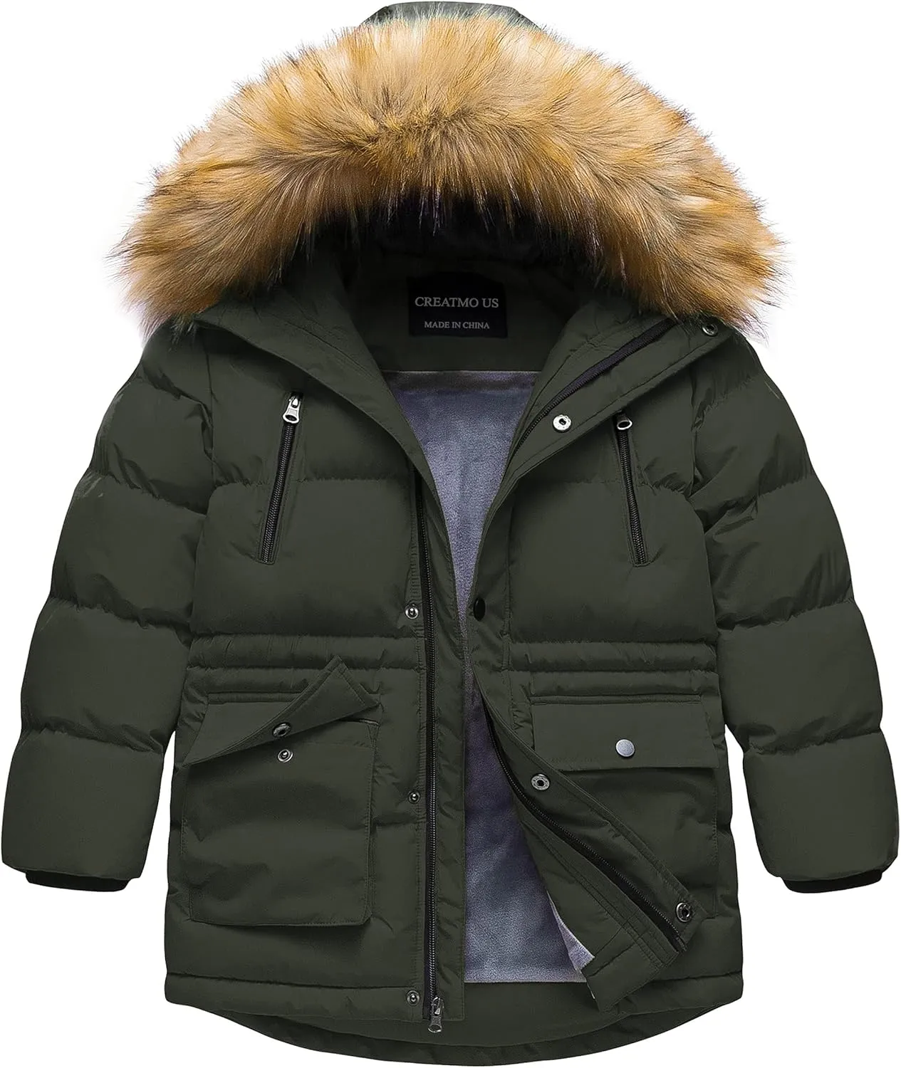 CREATMO US Boy's Winter Parka Water Resistant Hooded Puffer Fleece Lined Jackets Coats