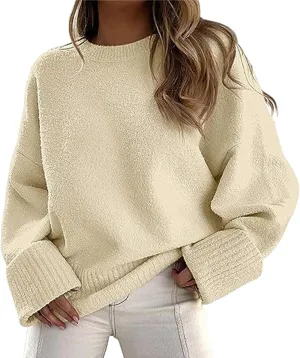 Crewneck Long Sleeve Oversized Sweaters for Women Fuzzy Knit Chunky Warm Pullover Top Solid Casual Loose Fall Jumpers