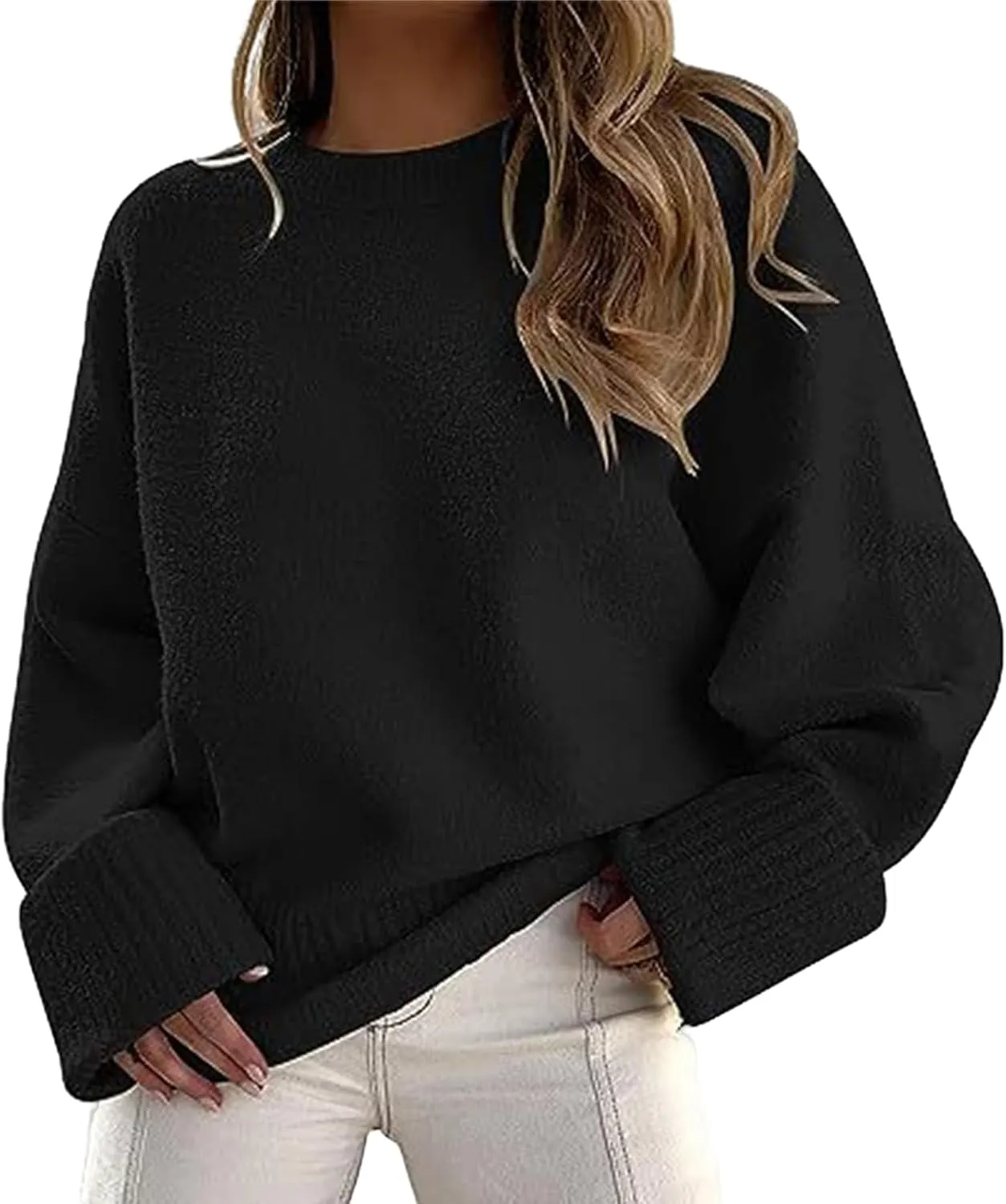 Crewneck Long Sleeve Oversized Sweaters for Women Fuzzy Knit Chunky Warm Pullover Top Solid Casual Loose Fall Jumpers
