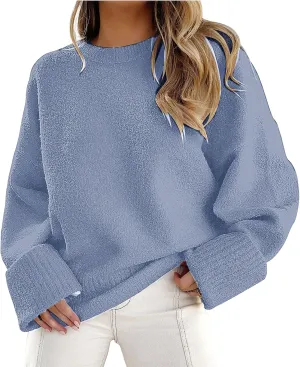 Crewneck Long Sleeve Oversized Sweaters for Women Fuzzy Knit Chunky Warm Pullover Top Solid Casual Loose Fall Jumpers
