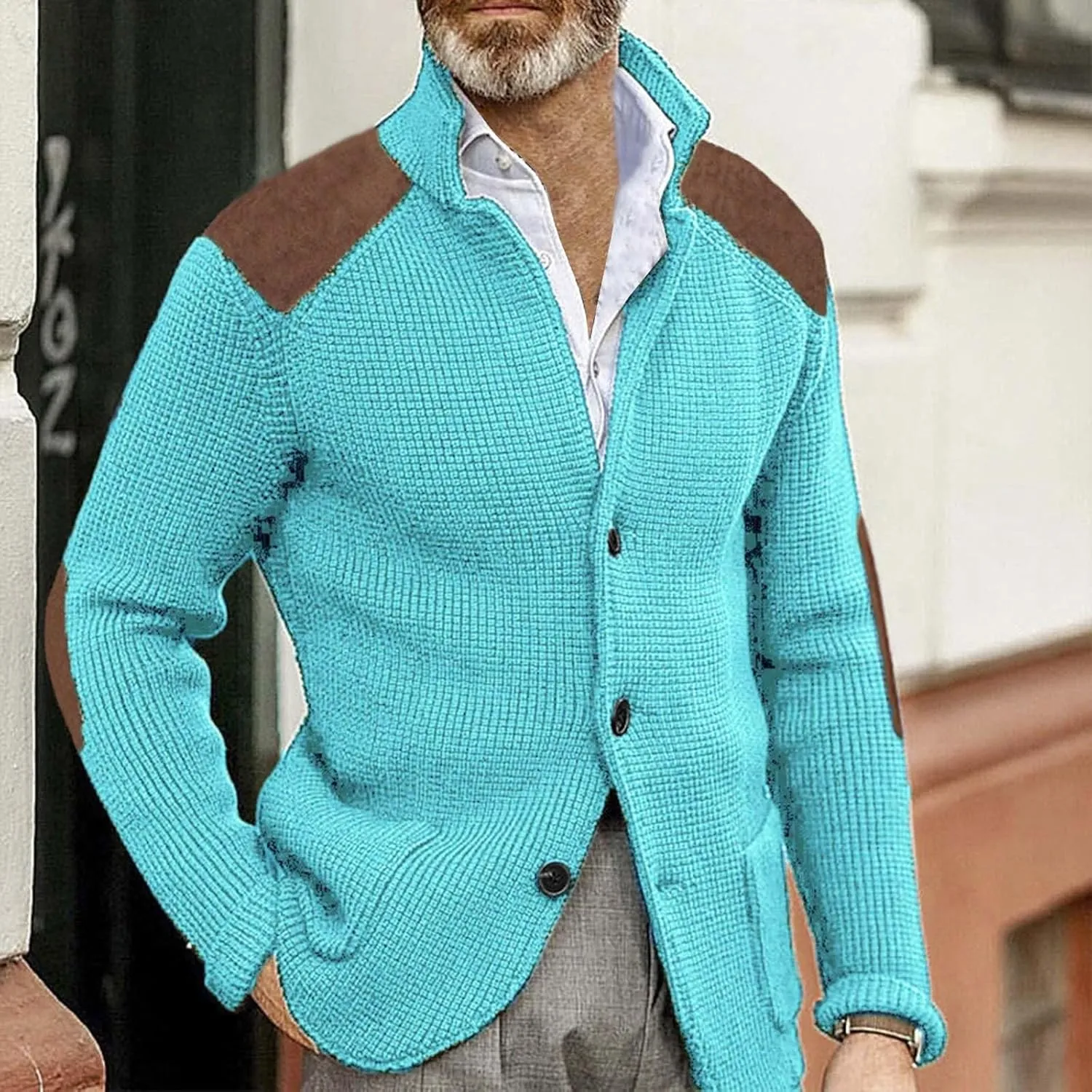 CRNTCEM Mens Button Down Sweater Cardigan Mock Neck Winter Thermal Knitwear Open Front Sweaters Outwear with Elbow Patches