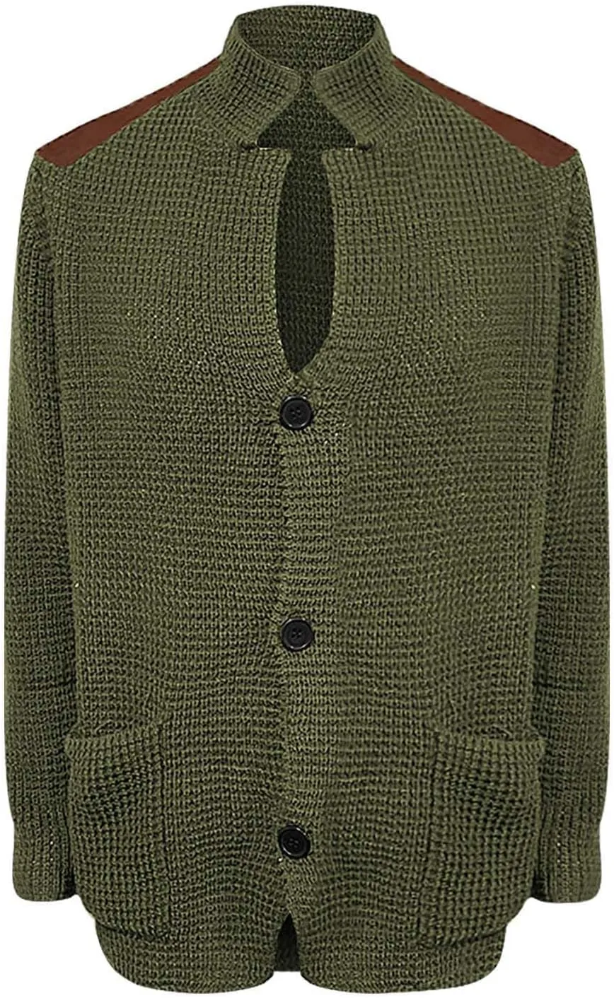 CRNTCEM Mens Button Down Sweater Cardigan Mock Neck Winter Thermal Knitwear Open Front Sweaters Outwear with Elbow Patches