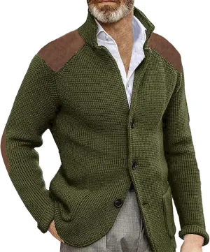 CRNTCEM Mens Button Down Sweater Cardigan Mock Neck Winter Thermal Knitwear Open Front Sweaters Outwear with Elbow Patches