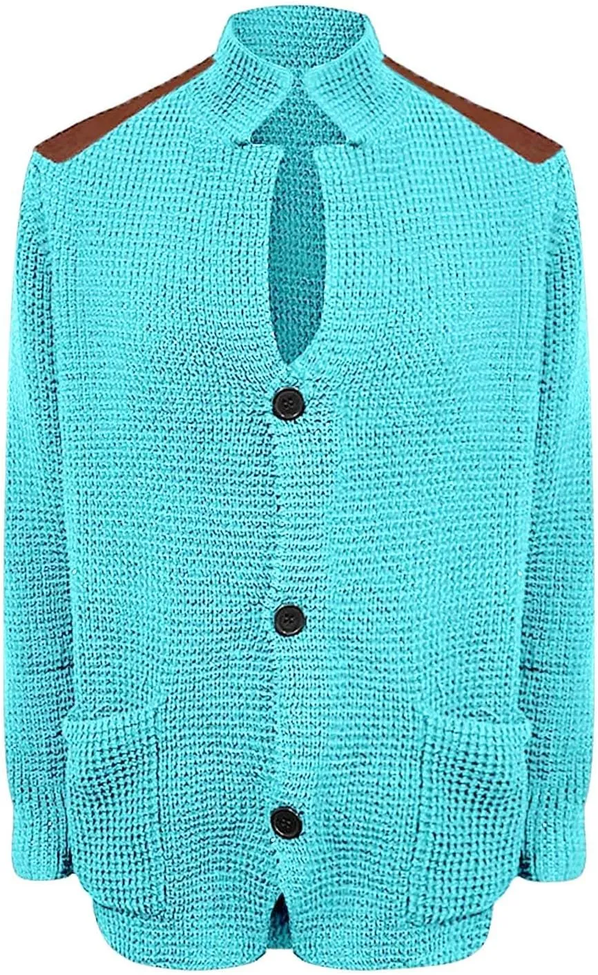 CRNTCEM Mens Button Down Sweater Cardigan Mock Neck Winter Thermal Knitwear Open Front Sweaters Outwear with Elbow Patches