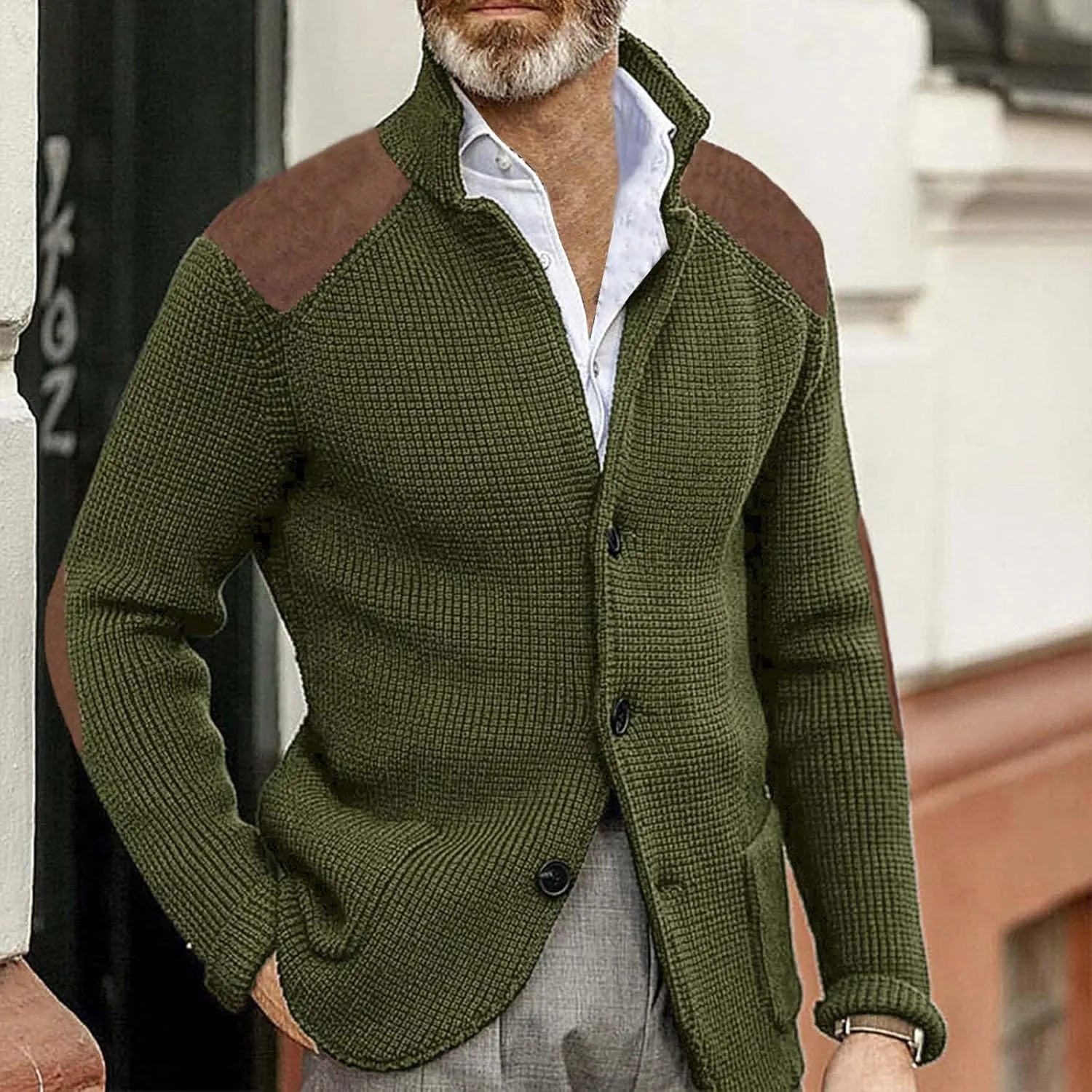 CRNTCEM Mens Button Down Sweater Cardigan Mock Neck Winter Thermal Knitwear Open Front Sweaters Outwear with Elbow Patches