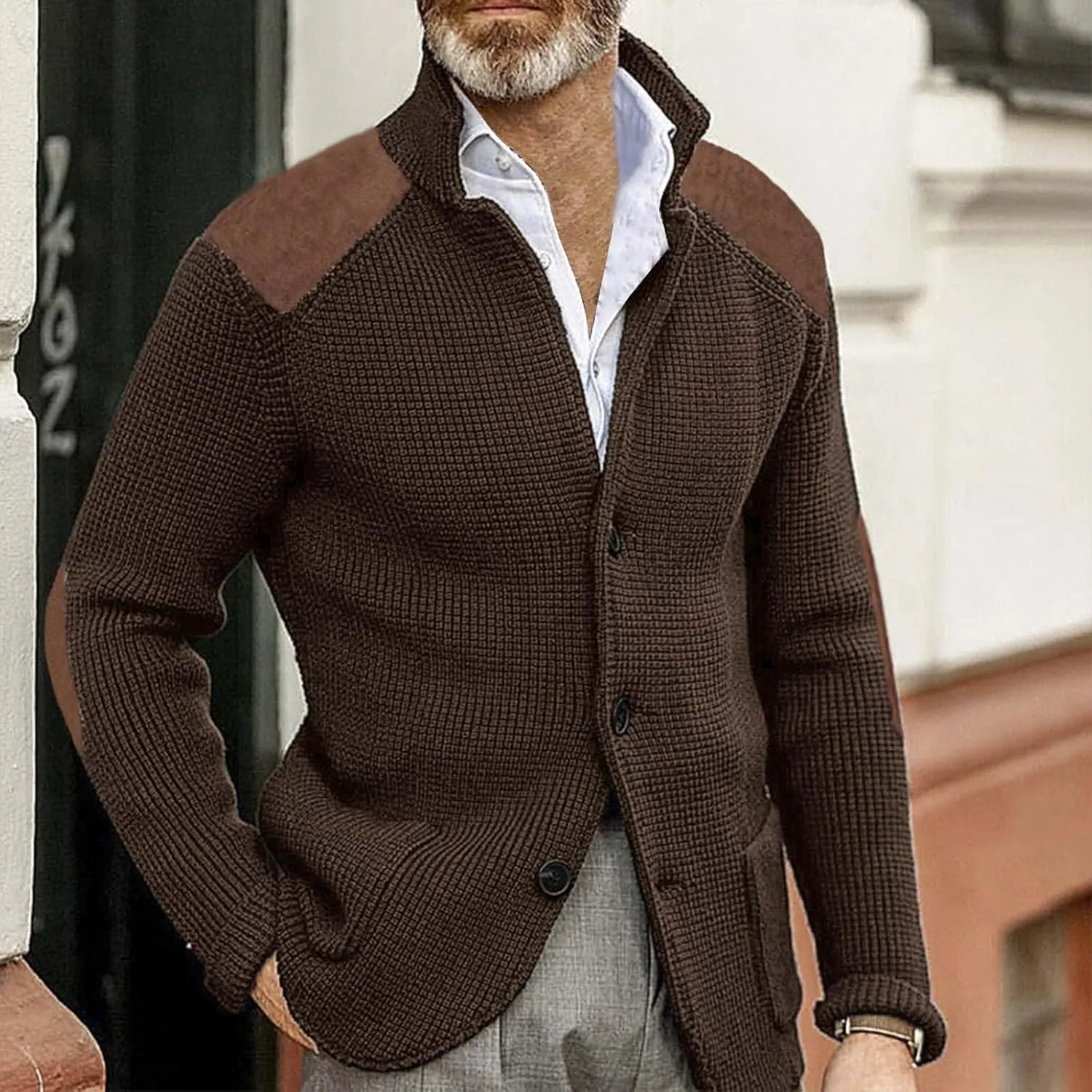 CRNTCEM Mens Button Down Sweater Cardigan Mock Neck Winter Thermal Knitwear Open Front Sweaters Outwear with Elbow Patches