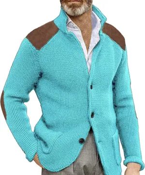 CRNTCEM Mens Button Down Sweater Cardigan Mock Neck Winter Thermal Knitwear Open Front Sweaters Outwear with Elbow Patches