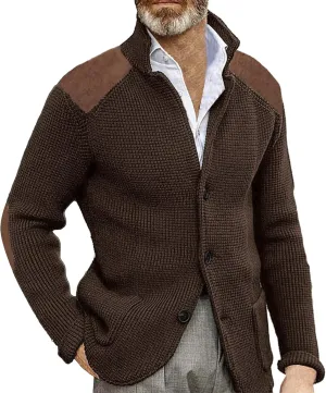 CRNTCEM Mens Button Down Sweater Cardigan Mock Neck Winter Thermal Knitwear Open Front Sweaters Outwear with Elbow Patches