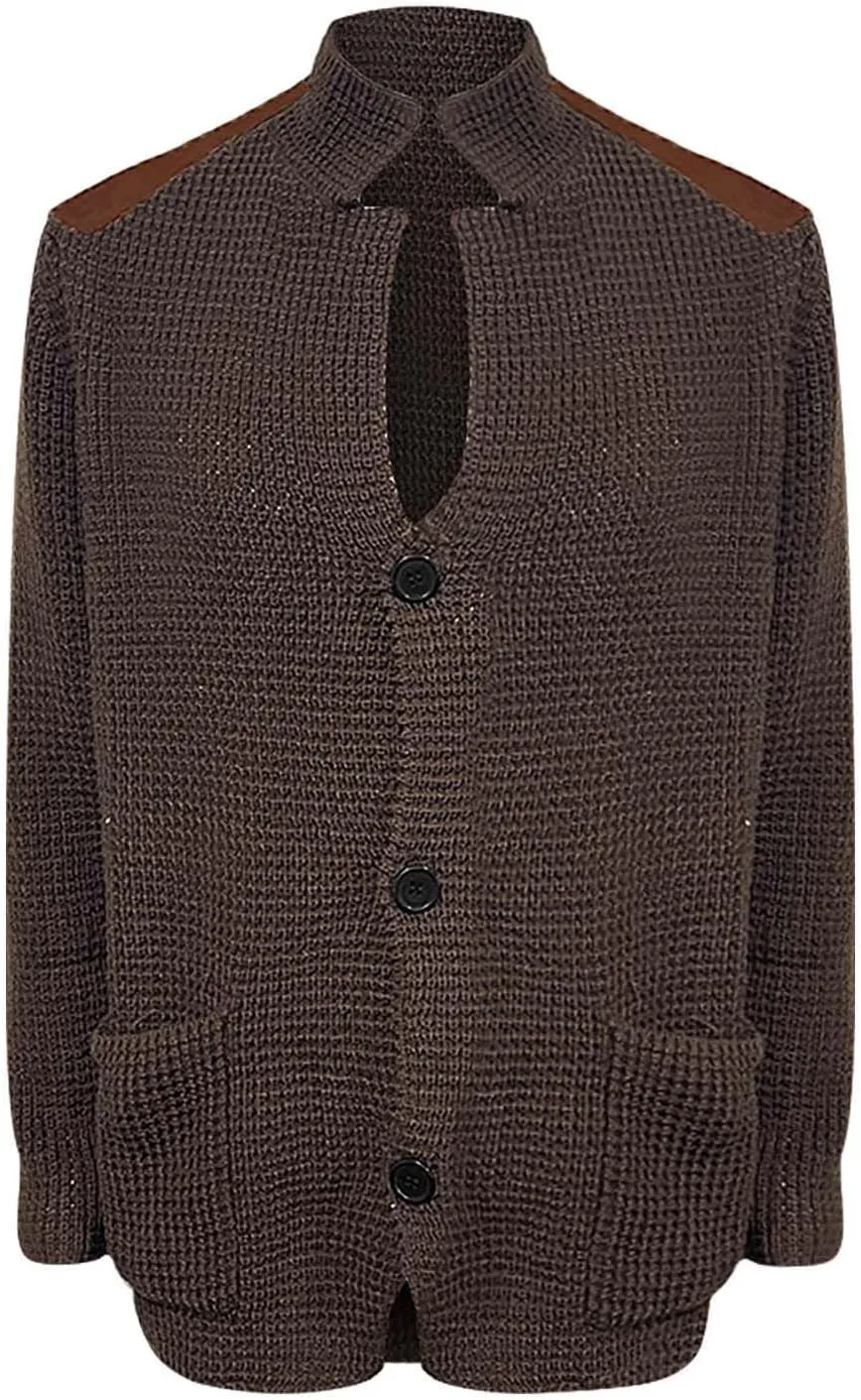 CRNTCEM Mens Button Down Sweater Cardigan Mock Neck Winter Thermal Knitwear Open Front Sweaters Outwear with Elbow Patches