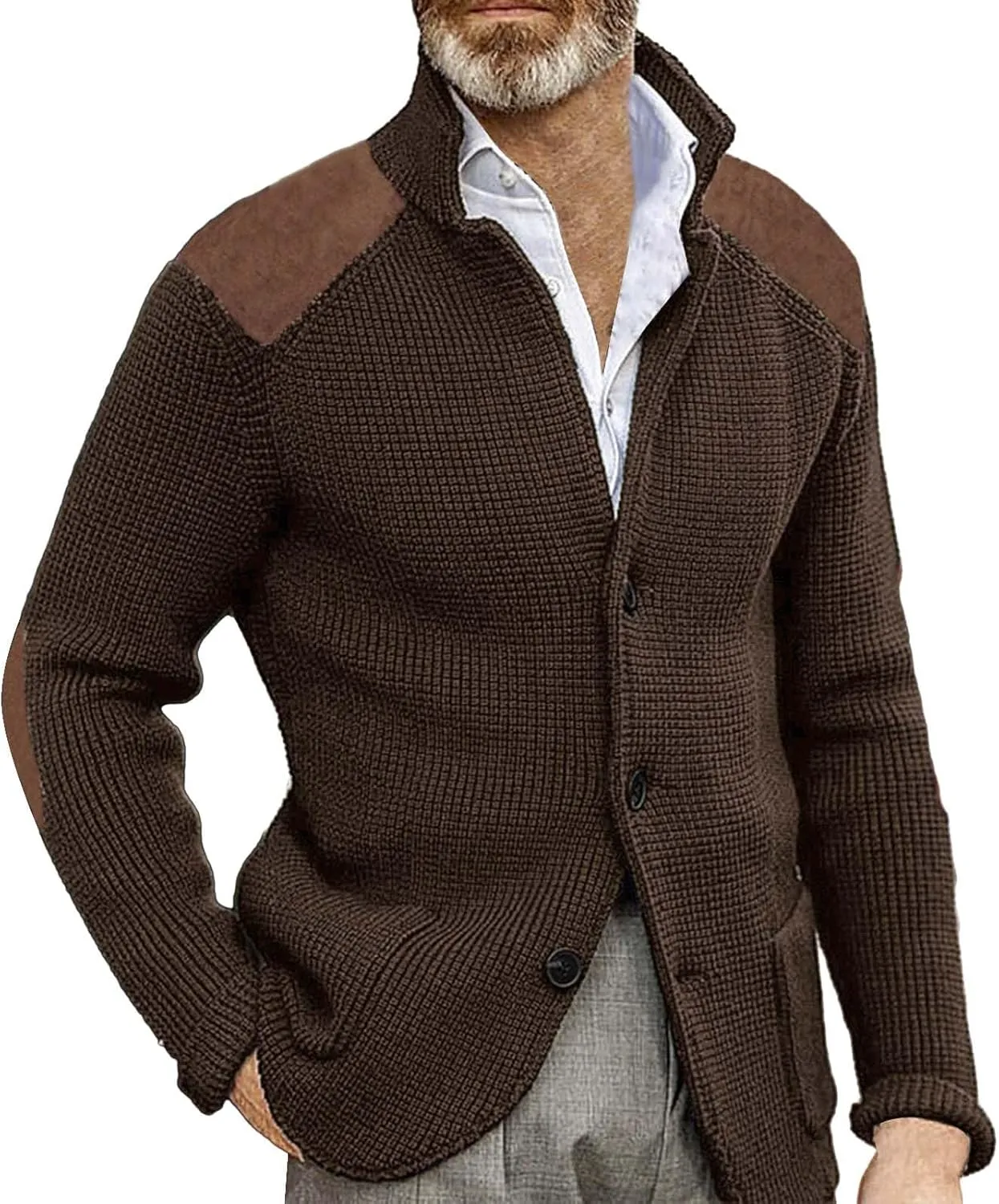 CRNTCEM Mens Button Down Sweater Cardigan Mock Neck Winter Thermal Knitwear Open Front Sweaters Outwear with Elbow Patches