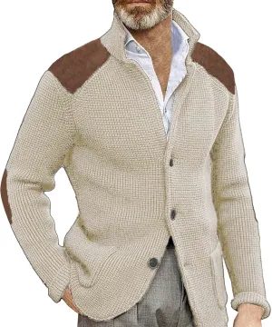 CRNTCEM Mens Button Down Sweater Cardigan Mock Neck Winter Thermal Knitwear Open Front Sweaters Outwear with Elbow Patches
