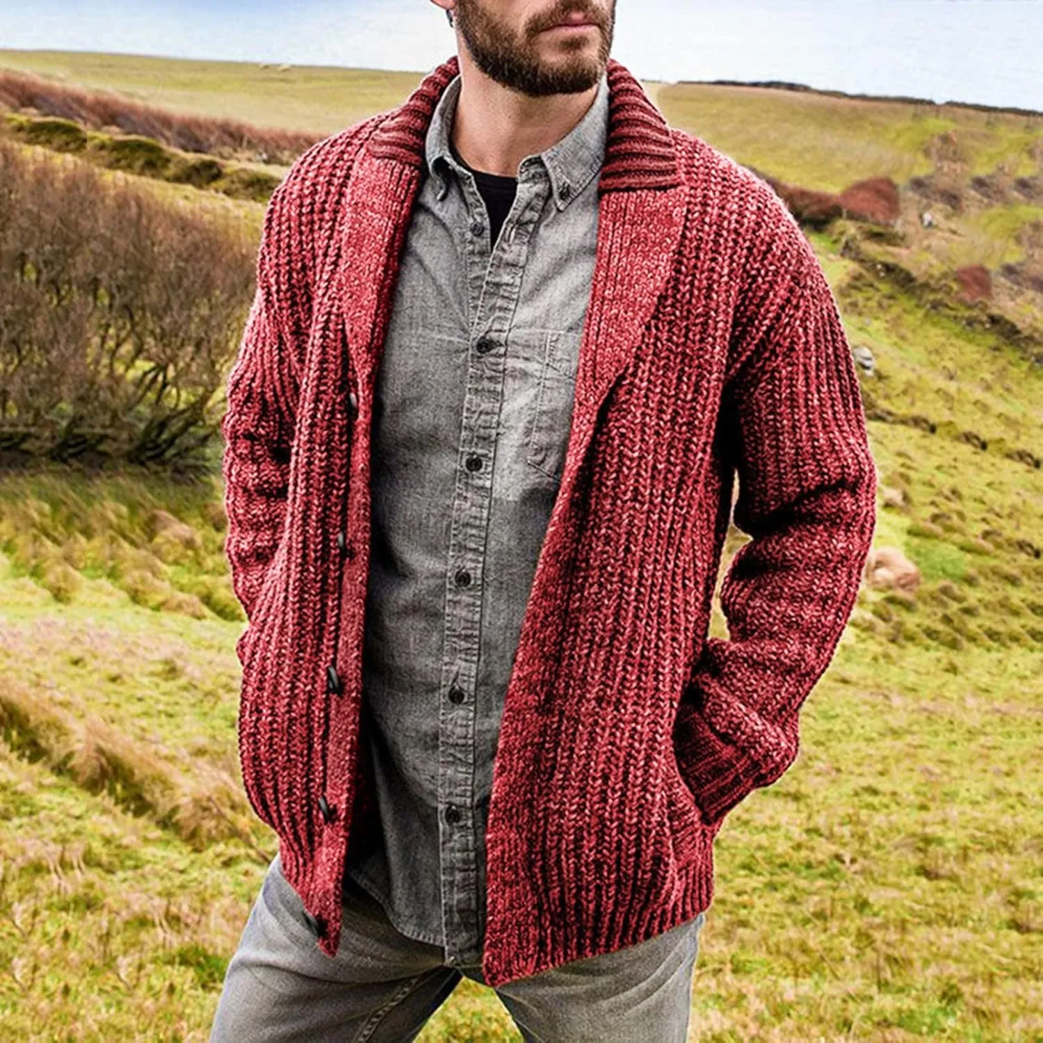 CRNTCEM Mens Casual Shawl Collar Cardigan Sweater Cable Knit Button Chunky Winter Thick Thermal Open Front Cardigan Coats