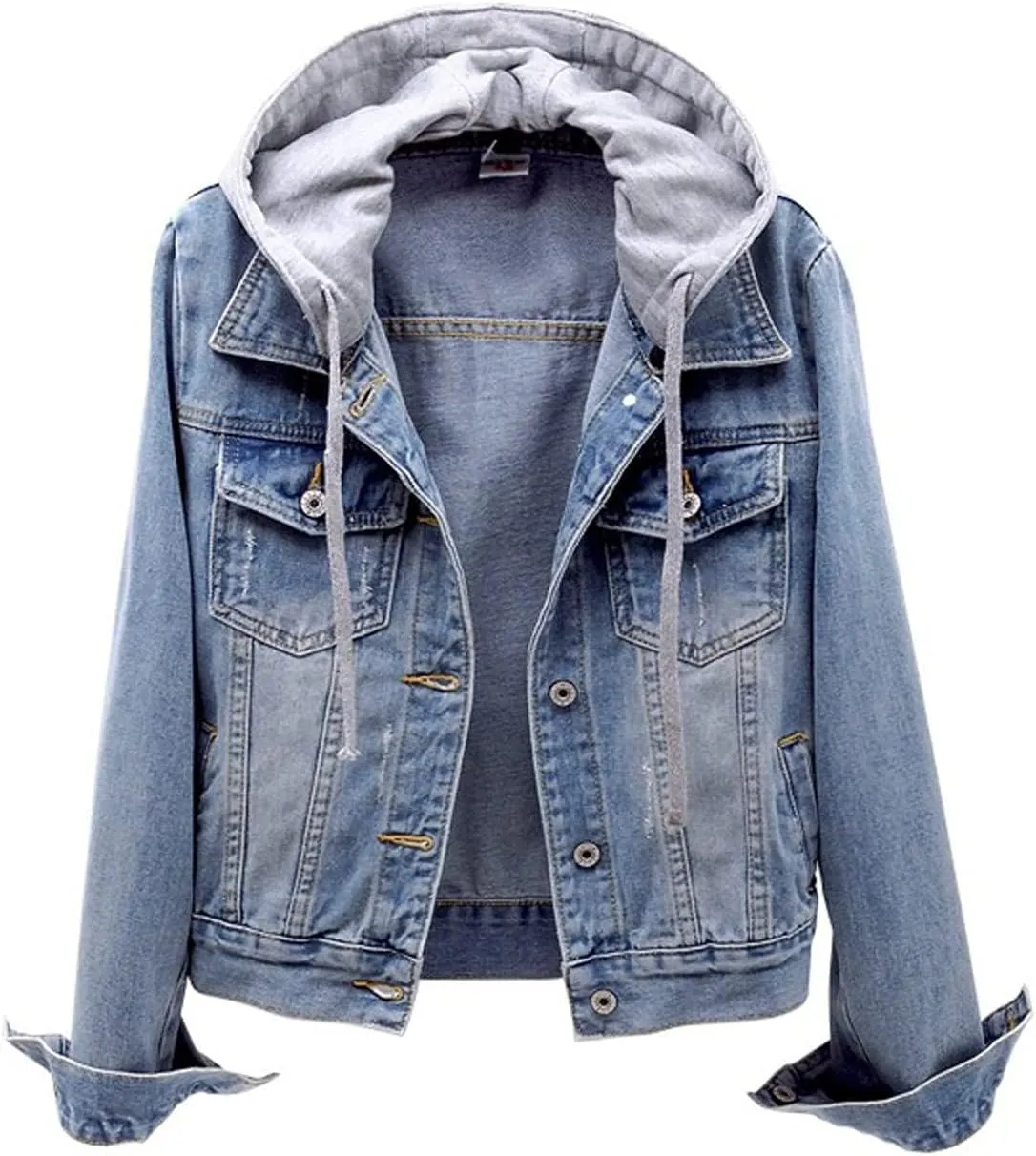 Cropped Denim Jacket for Women Casual Detachable Hoodie Jean Jacket Button Down Long Sleeves Short Shacket Coat Pocket